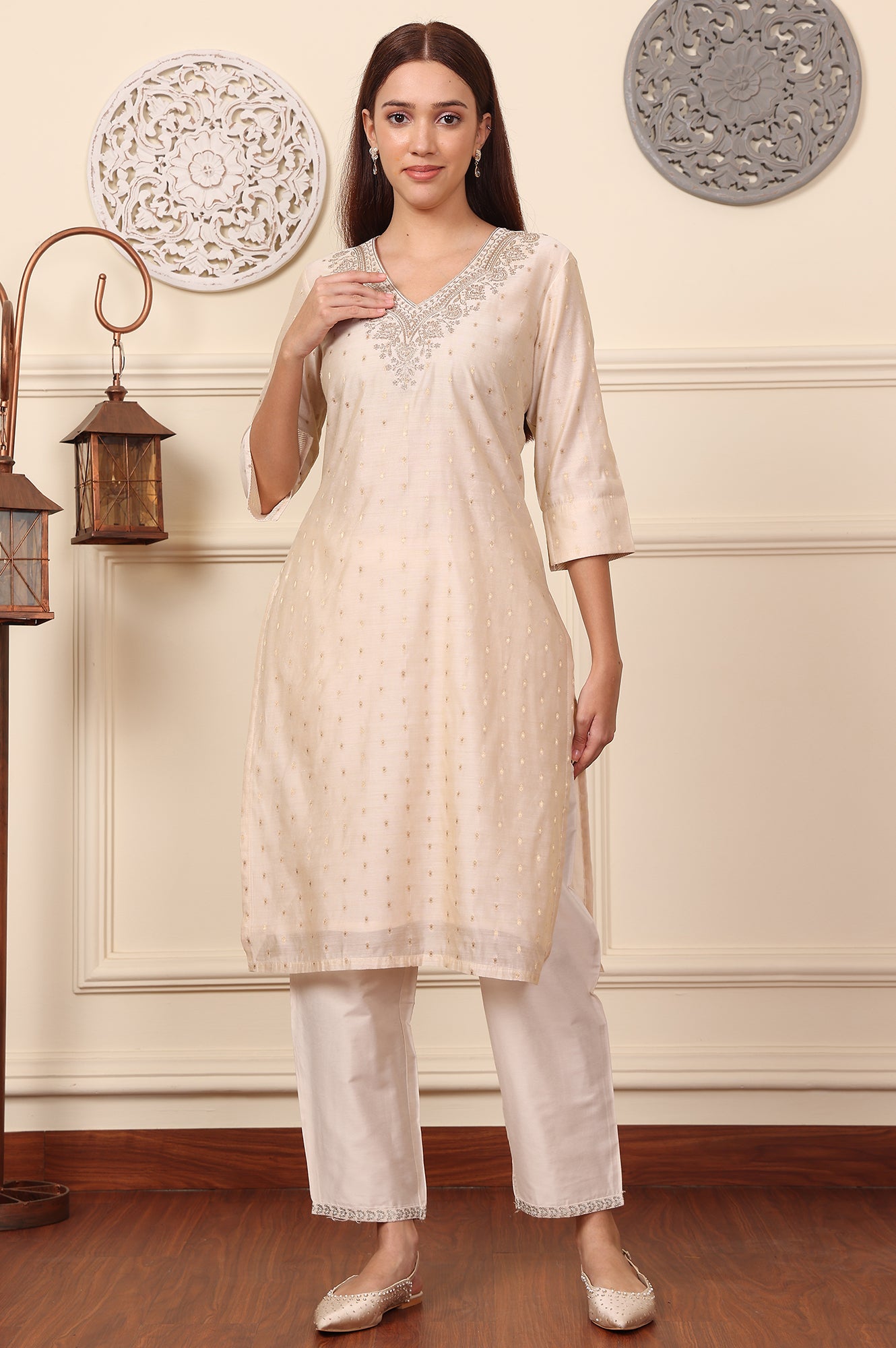 White Dori Embroidered Chanderi Straight Kurta - wforwoman