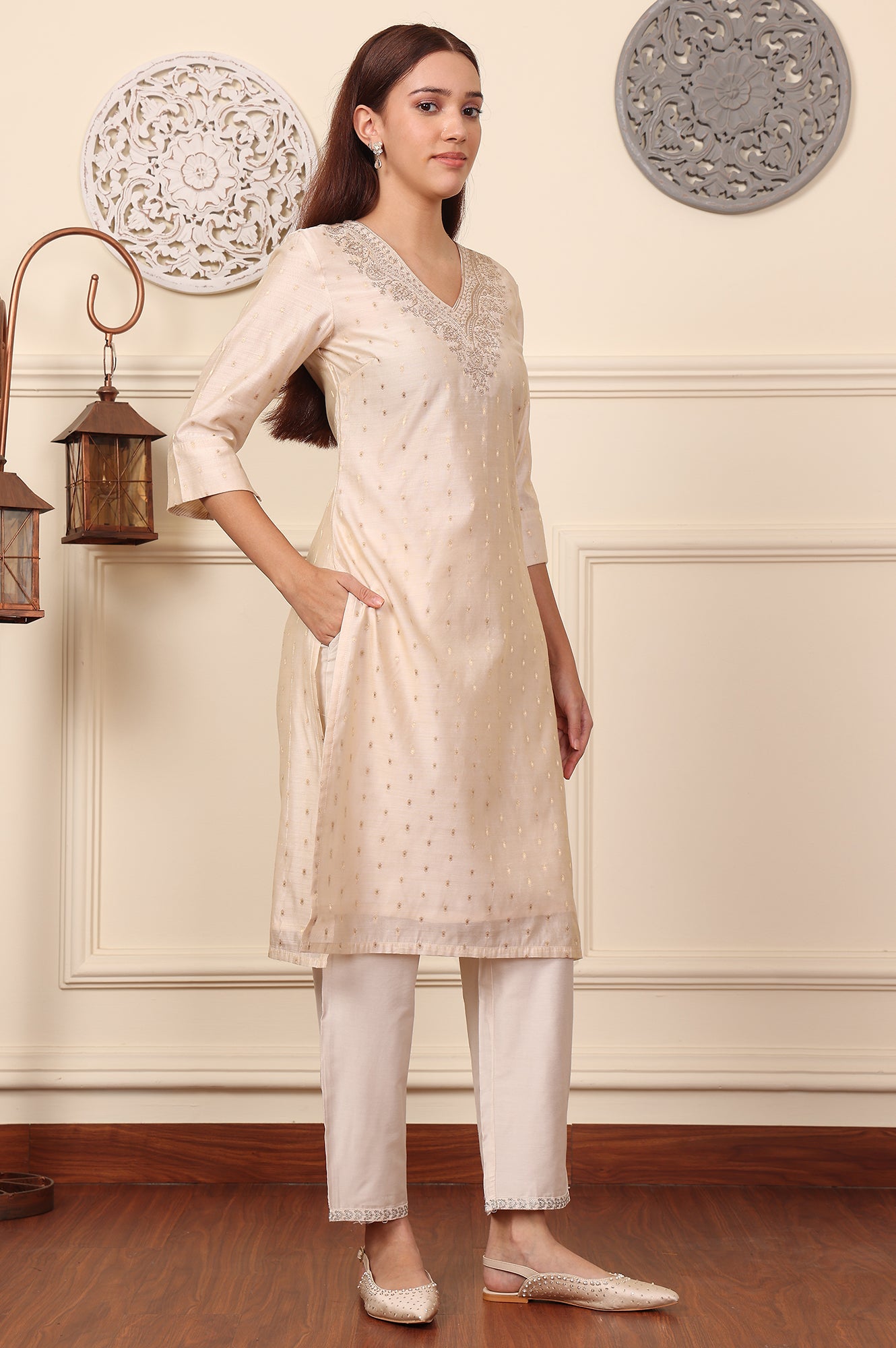 White Dori Embroidered Chanderi Straight Kurta - wforwoman