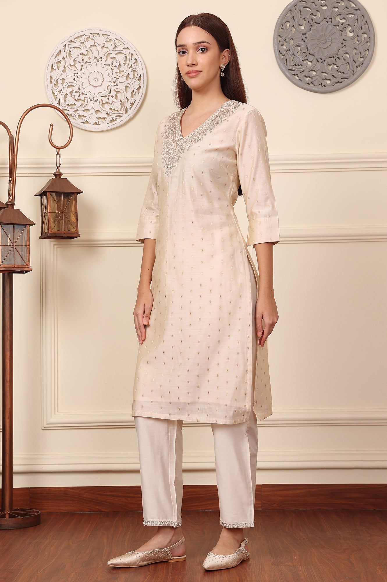 White Dori Embroidered Chanderi Straight Kurta - wforwoman