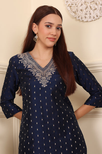 Blue Dori Embroidered Chanderi Straight Kurta - wforwoman