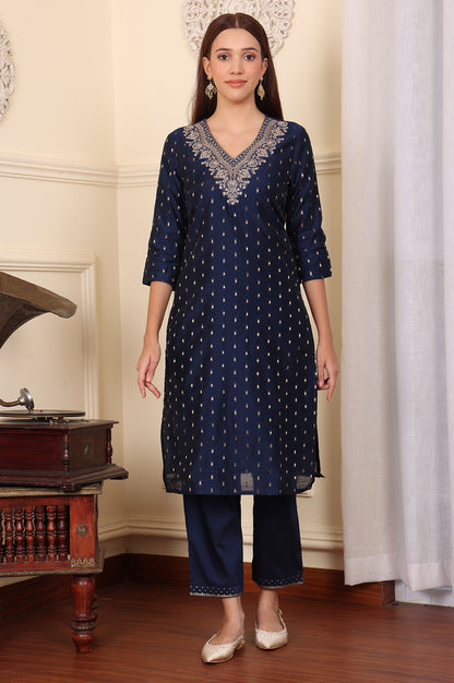 Blue Dori Embroidered Chanderi Straight Kurta - wforwoman