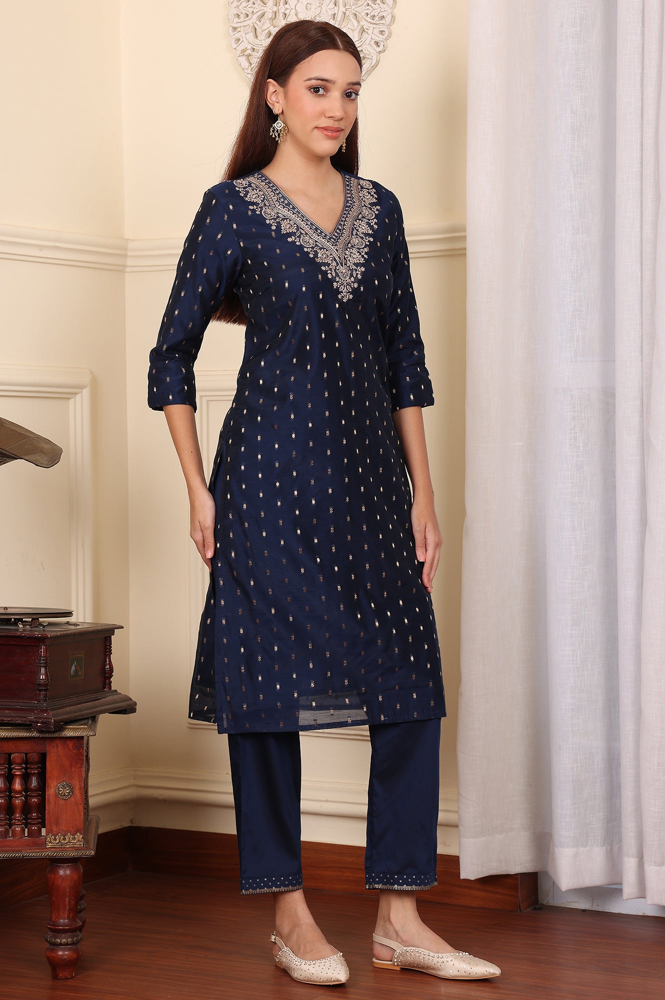 Blue Dori Embroidered Chanderi Straight Kurta - wforwoman