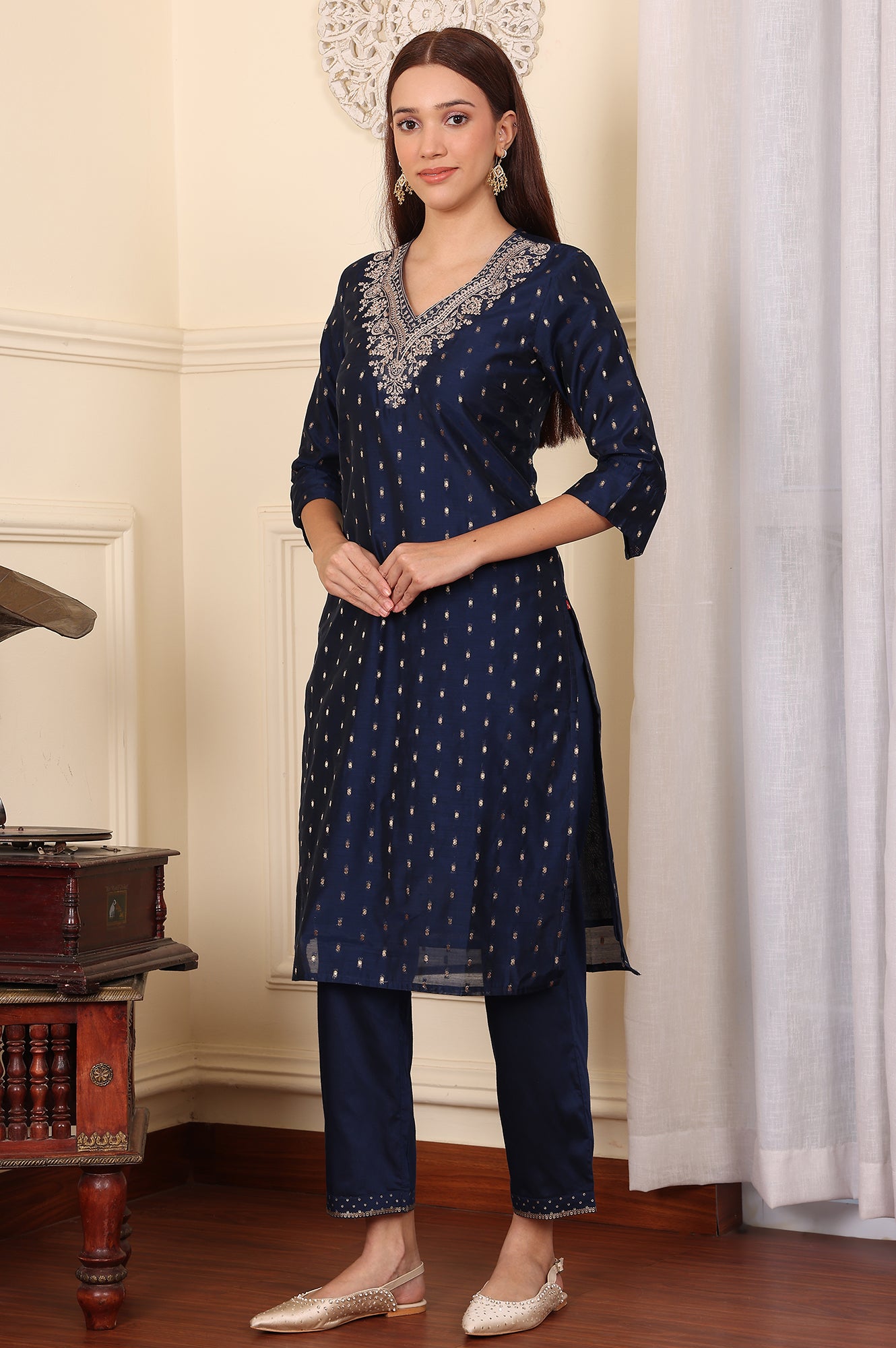 Blue Dori Embroidered Chanderi Straight Kurta - wforwoman