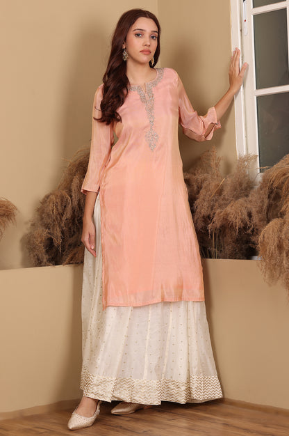 Peach Solid Straight Tissue Kurta With Embroidered Neck - wforwoman