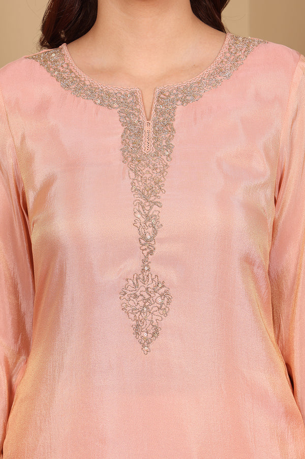 Peach Solid Straight Tissue Kurta With Embroidered Neck