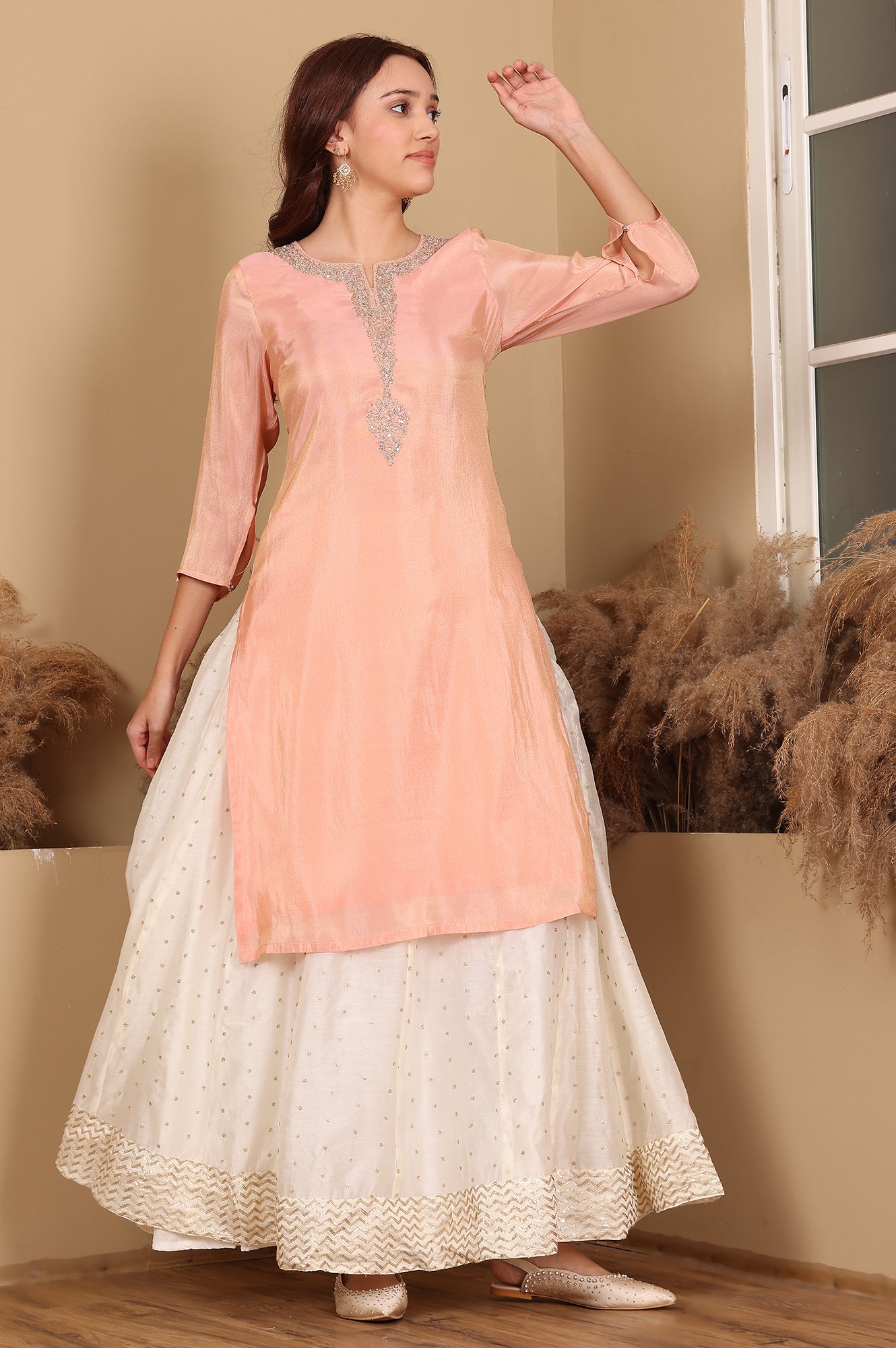 Peach Solid Straight Tissue Kurta With Embroidered Neck - wforwoman