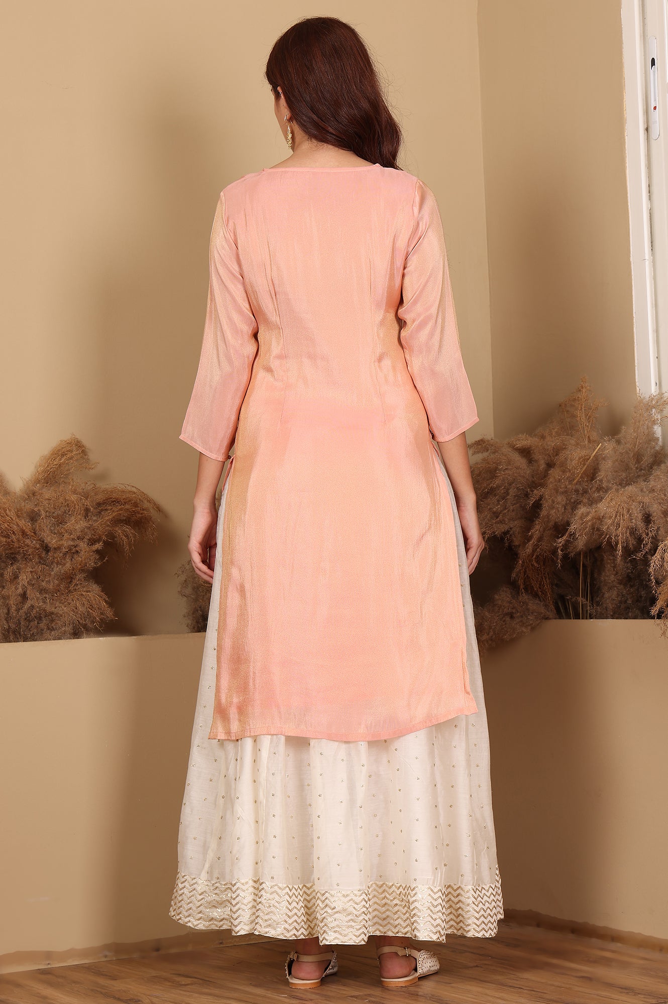 Peach Solid Straight Tissue Kurta With Embroidered Neck - wforwoman