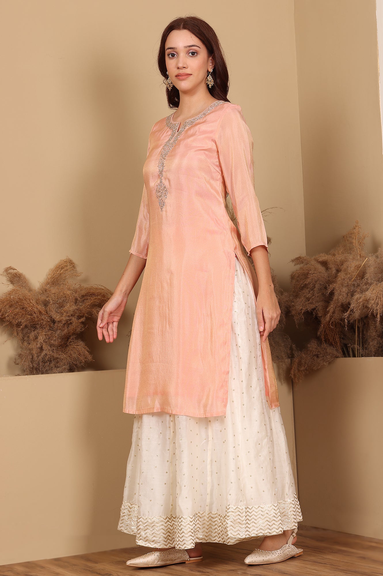 Peach Solid Straight Tissue Kurta With Embroidered Neck - wforwoman