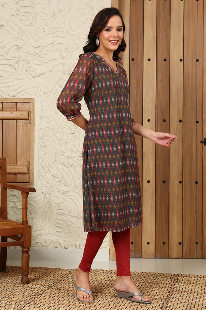 Green Geometric Printed Chiffon Straight Kurta With Sequined Neckline - wforwoman