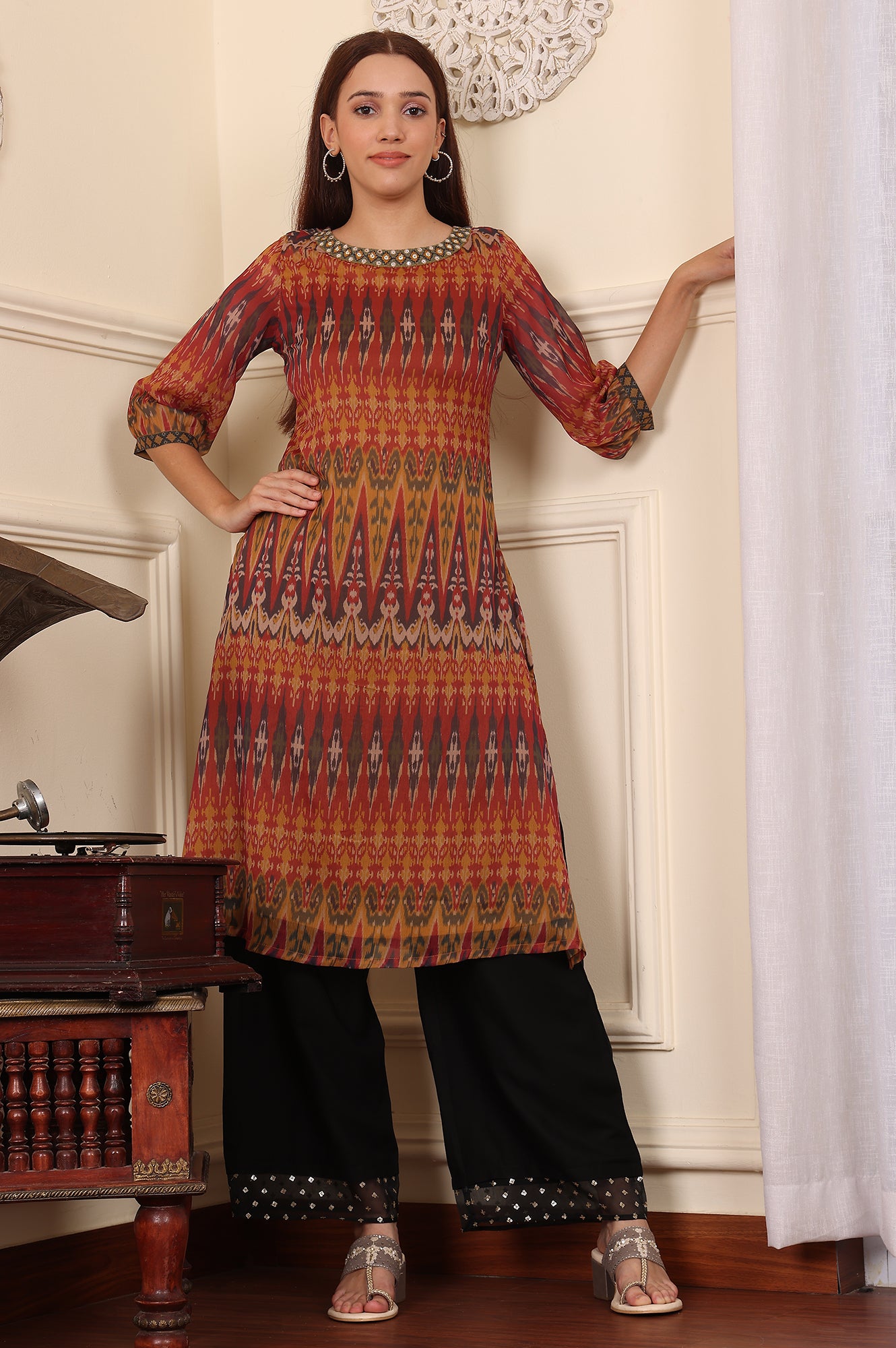 Mustard Yellow Ikkat Printed Layered Kurta With Embellished Neck - wforwoman