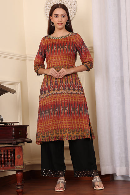 Mustard Yellow Ikkat Printed Layered Kurta With Embellished Neck - wforwoman