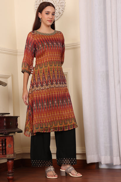 Mustard Yellow Ikkat Printed Layered Kurta With Embellished Neck - wforwoman