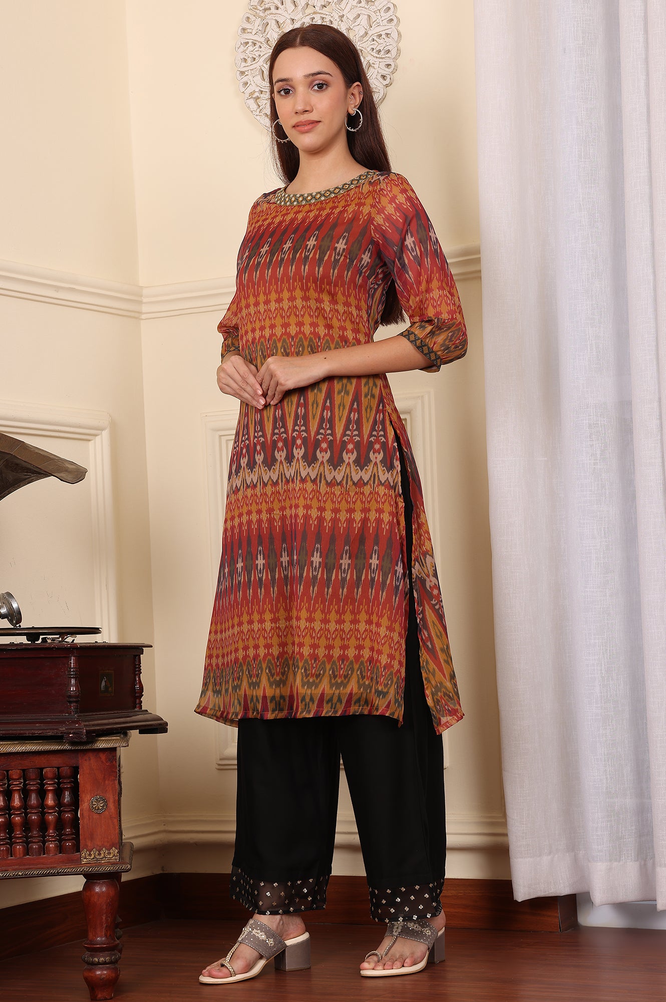 Mustard Yellow Ikkat Printed Layered Kurta With Embellished Neck - wforwoman