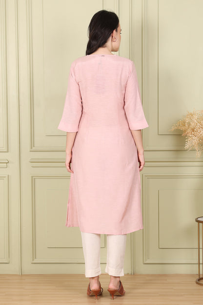 Pink Solid Snow Linen Straight Kurta With Thread Work On Neck