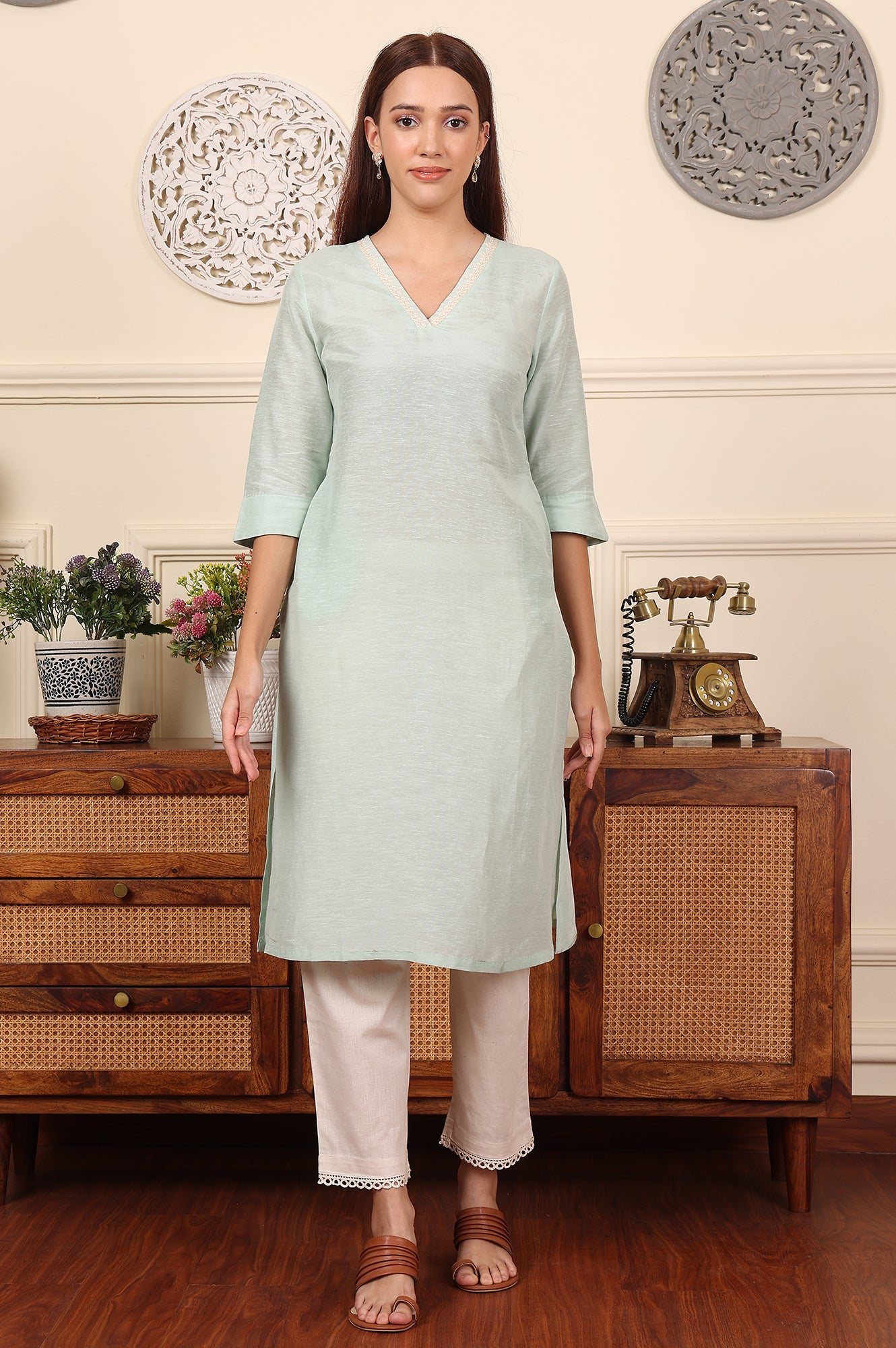 Blue Solid Snow Linen Straight Kurta With Thread Work On Neck - wforwoman