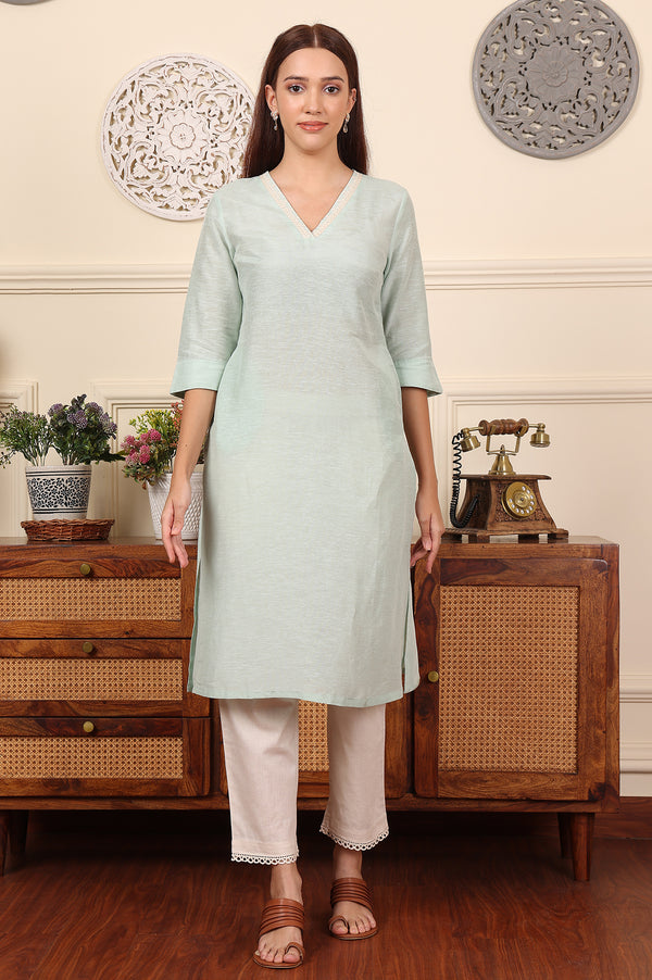 Blue Solid Snow Linen Straight Kurta With Thread Work On Neck