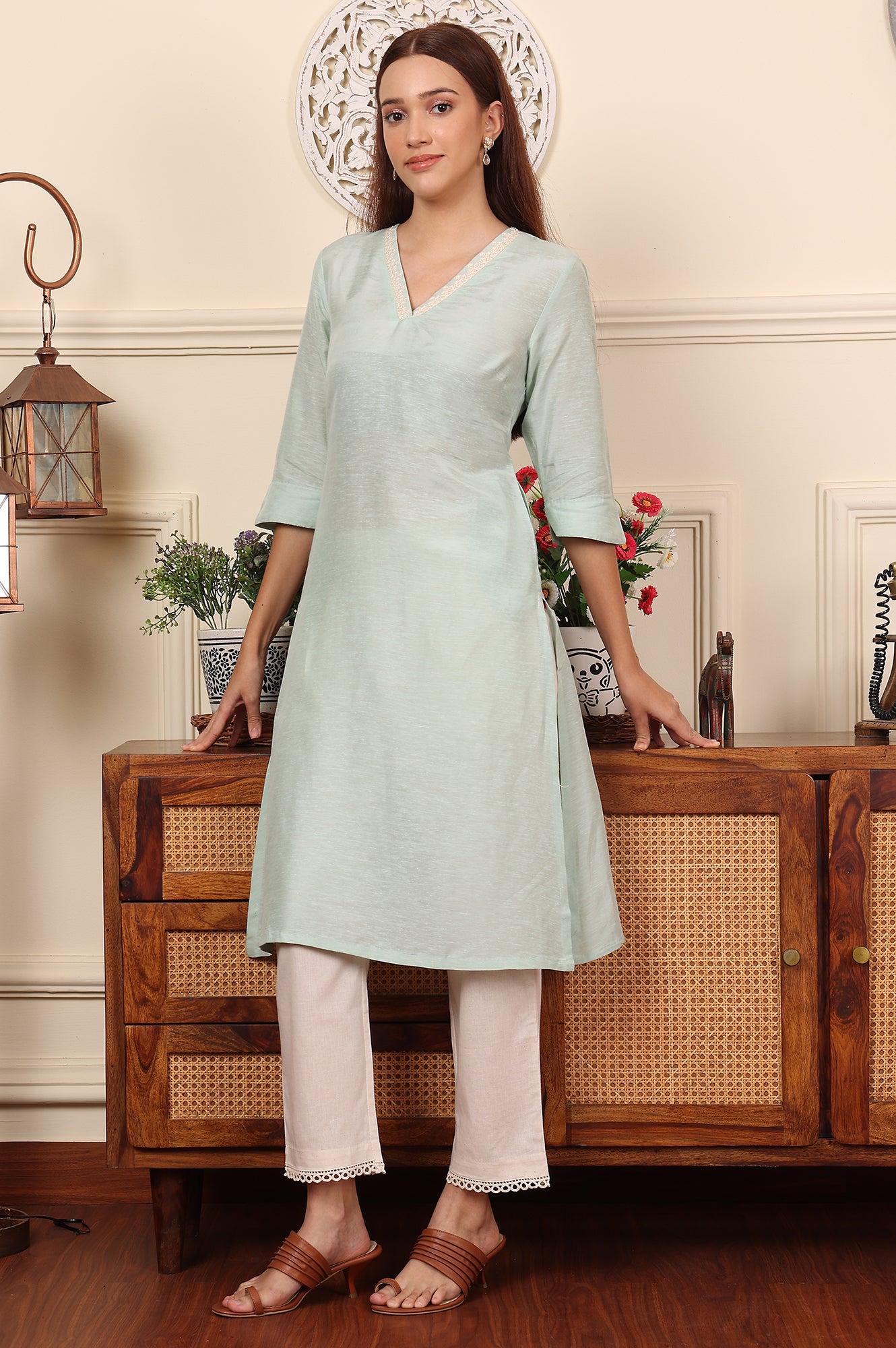 Blue Solid Snow Linen Straight Kurta With Thread Work On Neck - wforwoman