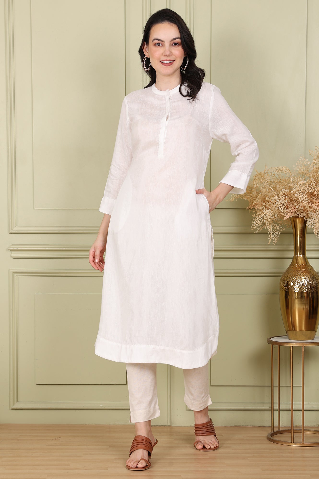 White Solid Snow Linen Straight Kurta With Beads On Mandarin Collar