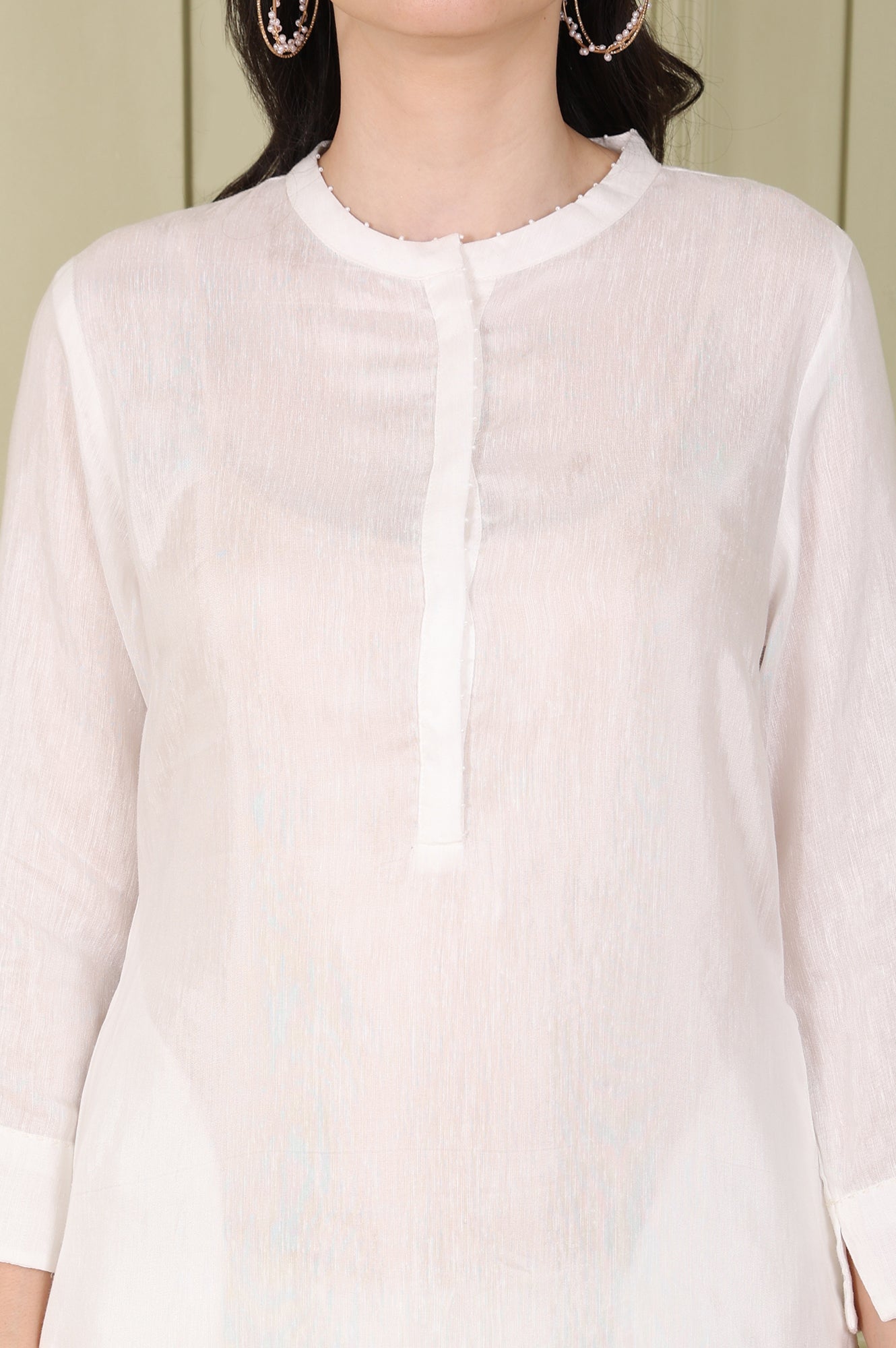 White Solid Snow Linen Straight Kurta With Beads On Mandarin Collar