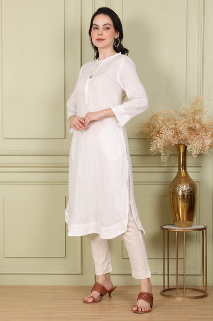 White Solid Snow Linen Straight Kurta With Beads On Mandarin Collar