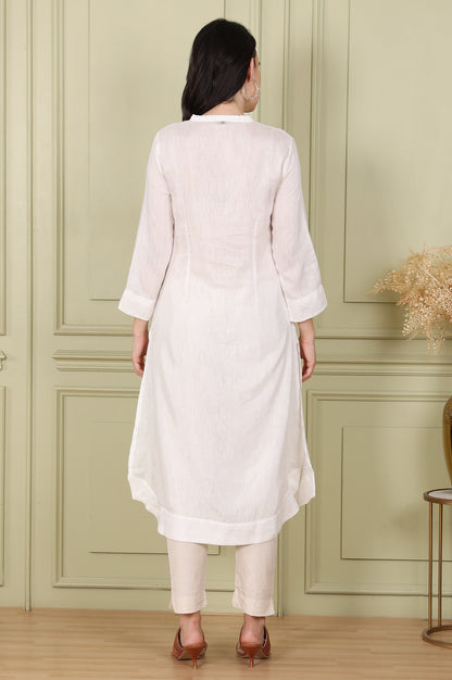 White Solid Snow Linen Straight Kurta With Beads On Mandarin Collar