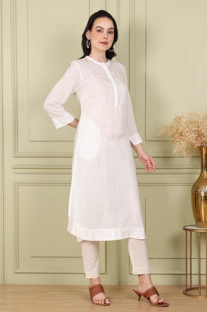 White Solid Snow Linen Straight Kurta With Beads On Mandarin Collar