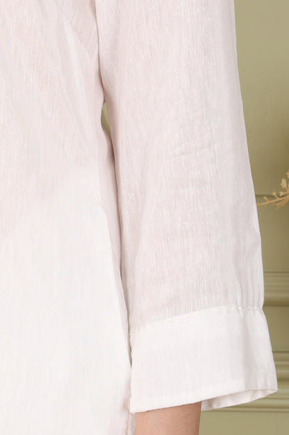 White Solid Snow Linen Straight Kurta With Beads On Mandarin Collar