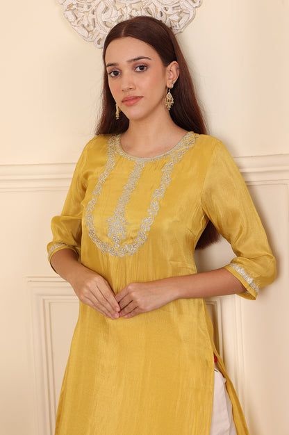 Yellow Dori Embroidered Straight Tissue Kurta - wforwoman