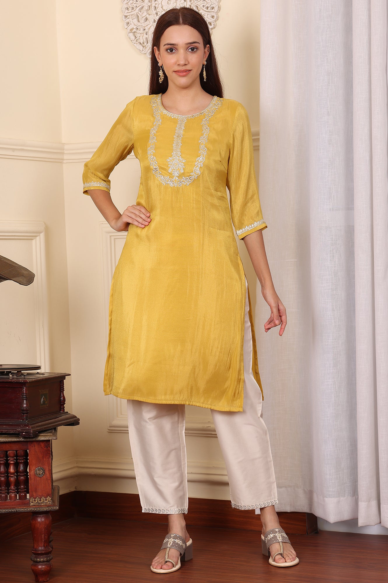 Yellow Dori Embroidered Straight Tissue Kurta - wforwoman