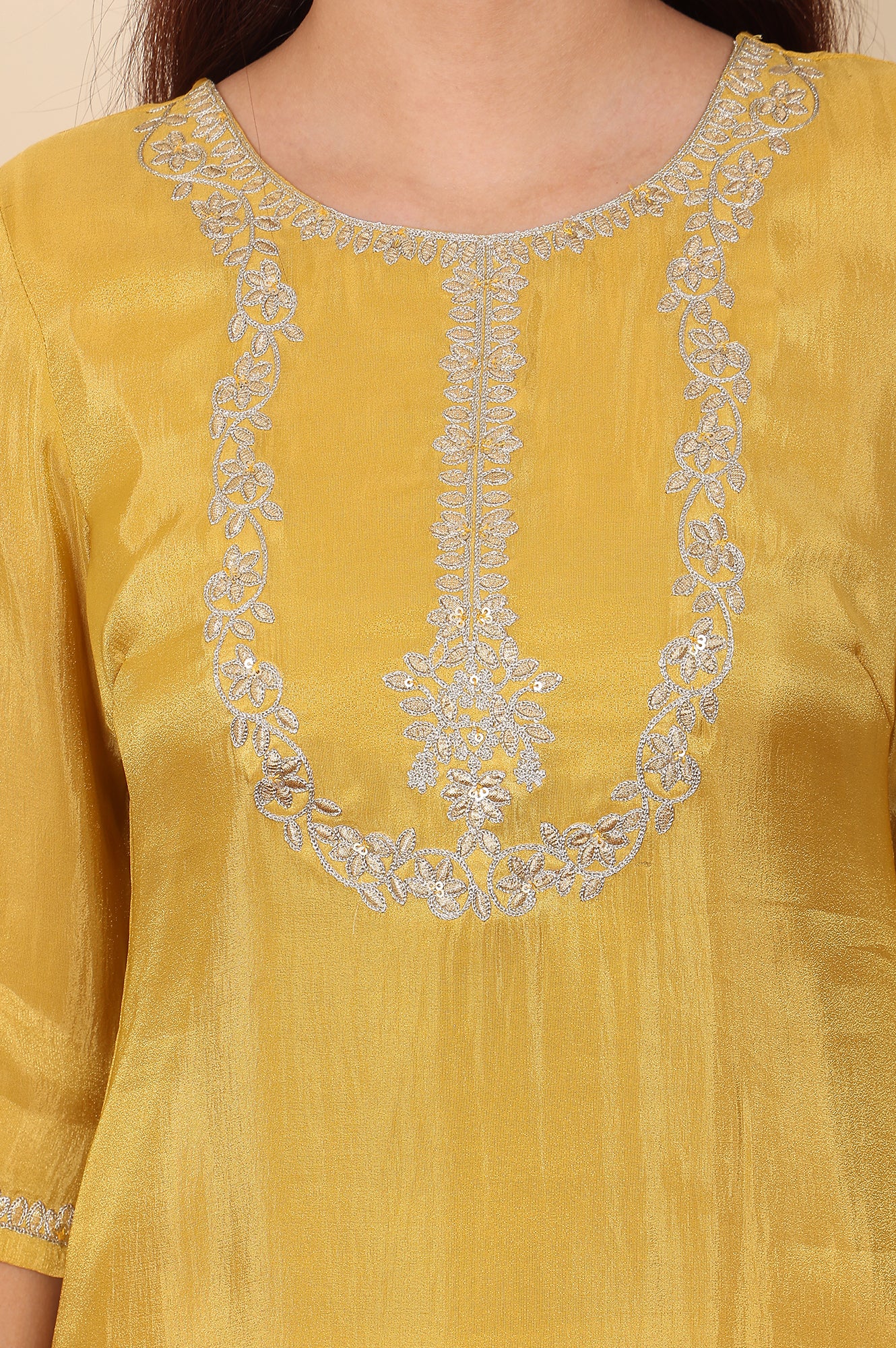 Yellow Dori Embroidered Straight Tissue Kurta - wforwoman