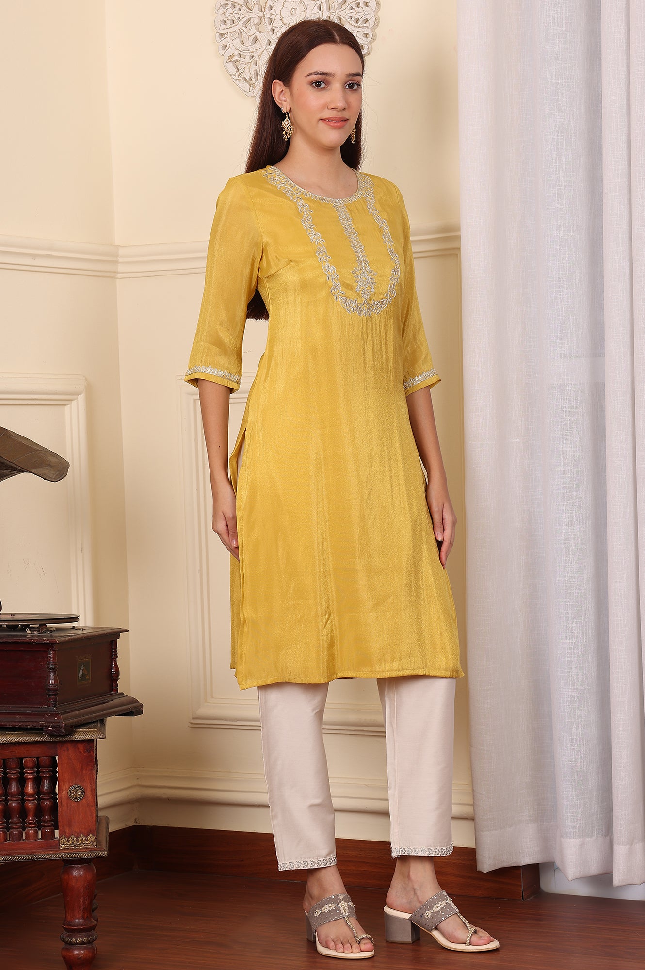 Yellow Dori Embroidered Straight Tissue Kurta - wforwoman