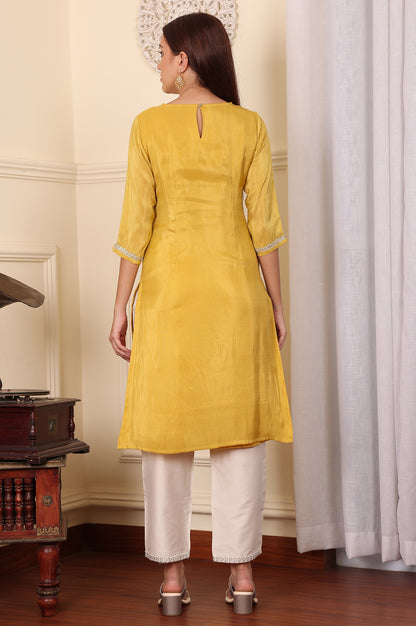 Yellow Dori Embroidered Straight Tissue Kurta - wforwoman