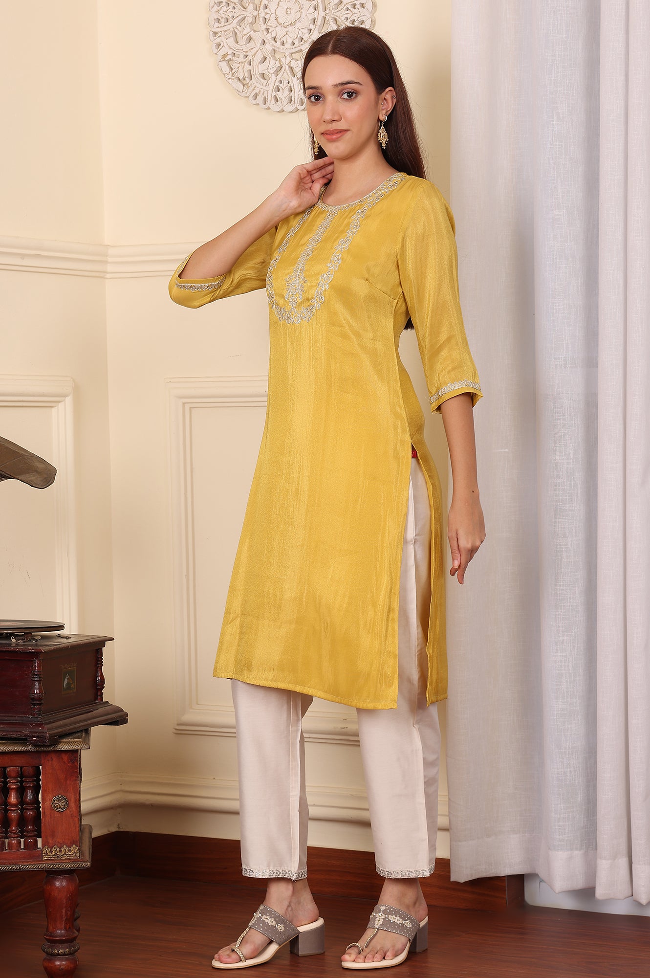 Yellow Dori Embroidered Straight Tissue Kurta - wforwoman