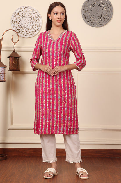 Fuchsia Pink Floral Printed V-Neck Rayon Kurta - wforwoman