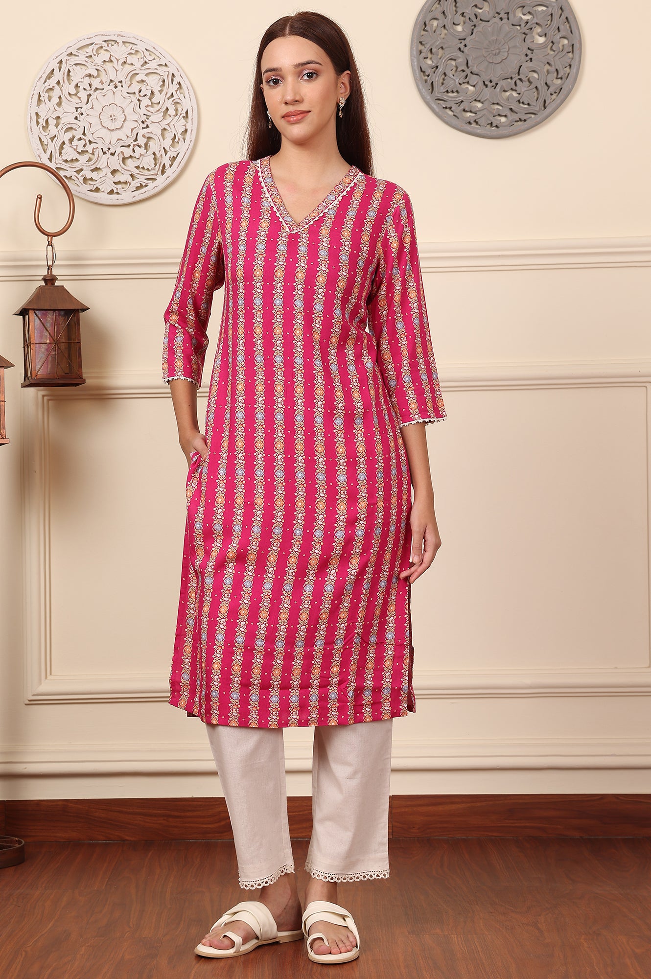 Fuchsia Pink Floral Printed V-Neck Rayon Kurta - wforwoman