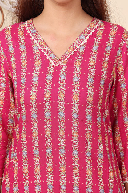 Fuchsia Pink Floral Printed V-Neck Rayon Kurta - wforwoman