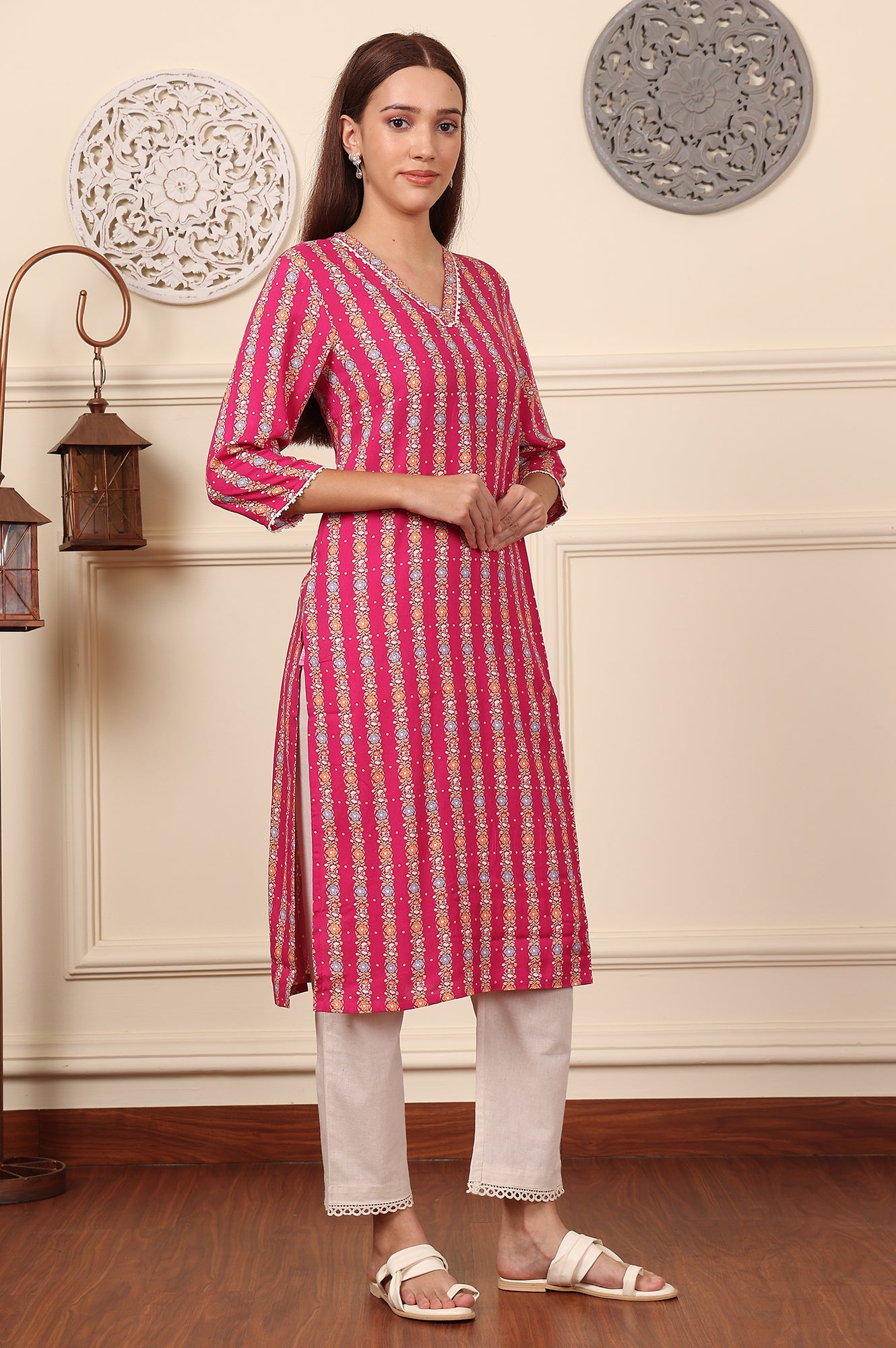 Fuchsia Pink Floral Printed V-Neck Rayon Kurta - wforwoman