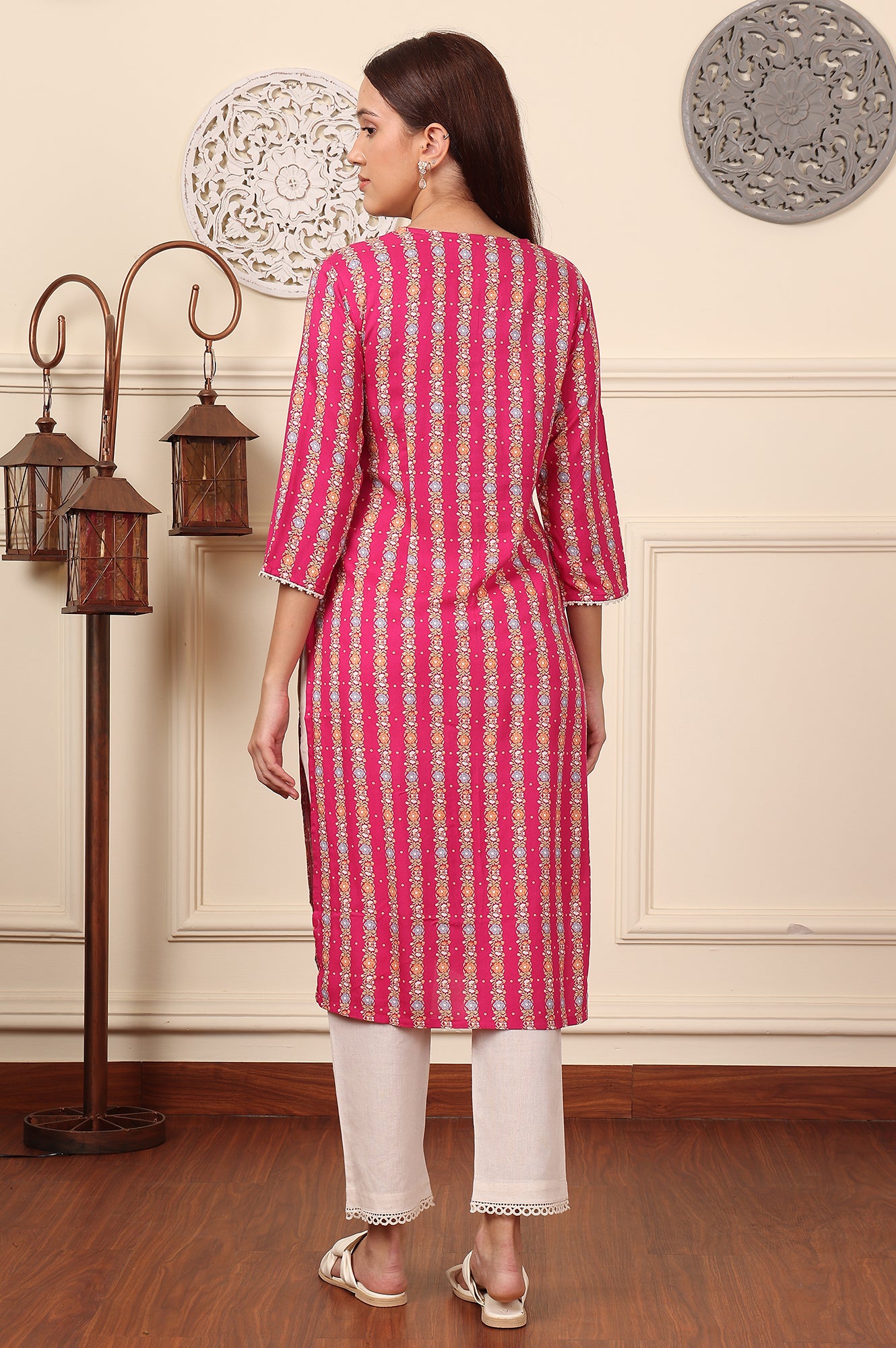 Fuchsia Pink Floral Printed V-Neck Rayon Kurta - wforwoman