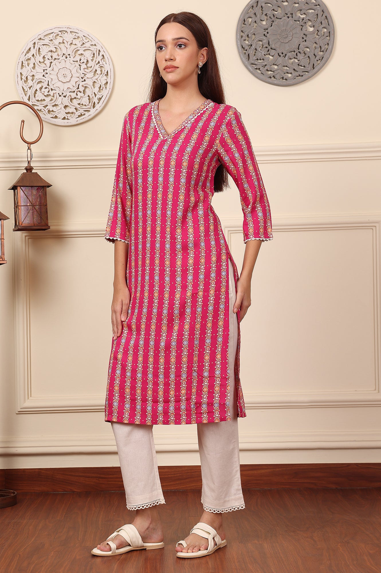 Fuchsia Pink Floral Printed V-Neck Rayon Kurta - wforwoman