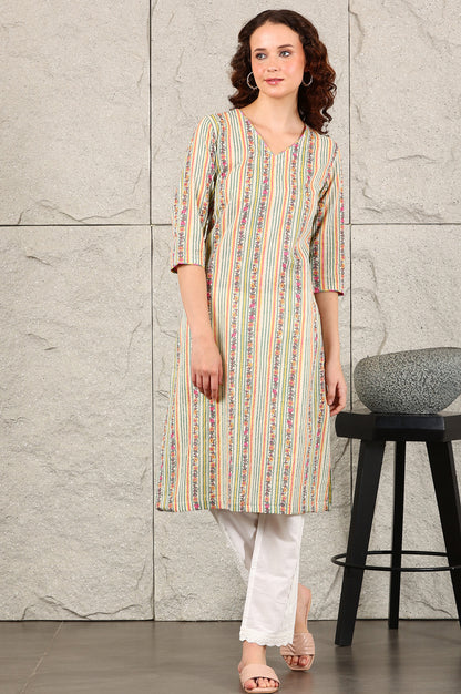 Off White Floral Printed And Multi-Coloured Stripe Printed Cotton Blend Kurta