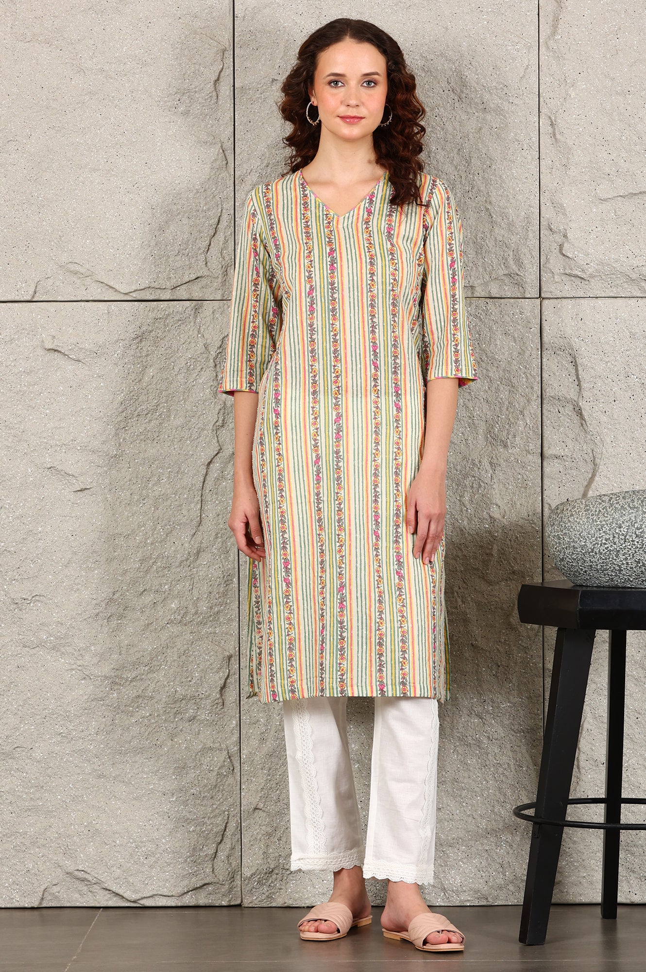 Off White Floral Printed And Multi-Coloured Stripe Printed Cotton Blend Kurta