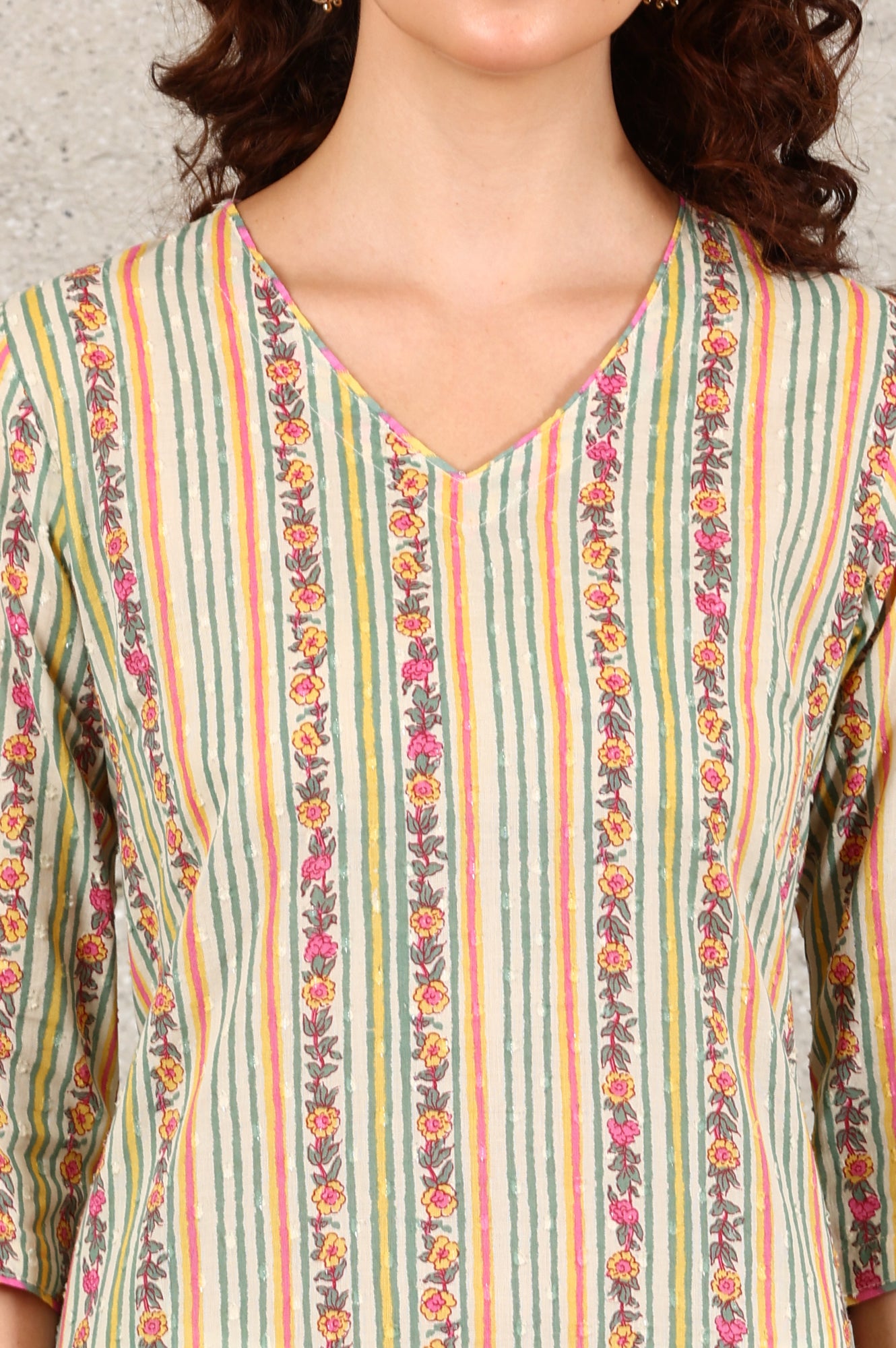 Off White Floral Printed And Multi-Coloured Stripe Printed Cotton Blend Kurta