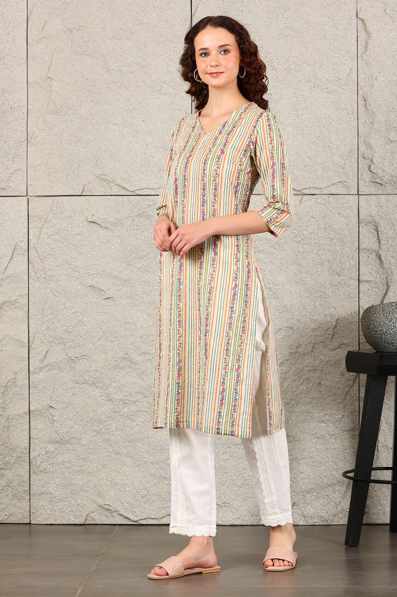 Off White Floral Printed And Multi-Coloured Stripe Printed Cotton Blend Kurta