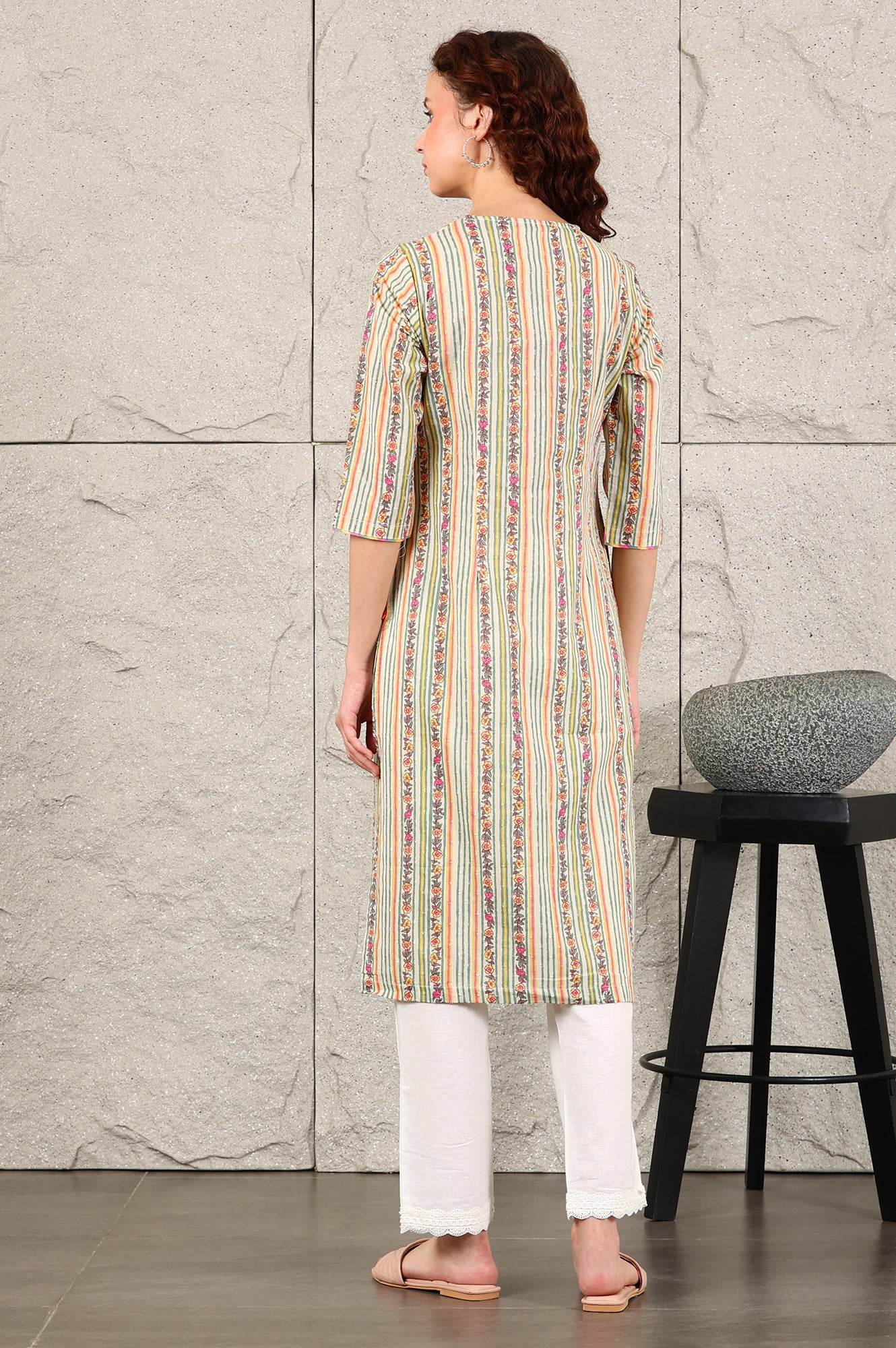 Off White Floral Printed And Multi-Coloured Stripe Printed Cotton Blend Kurta