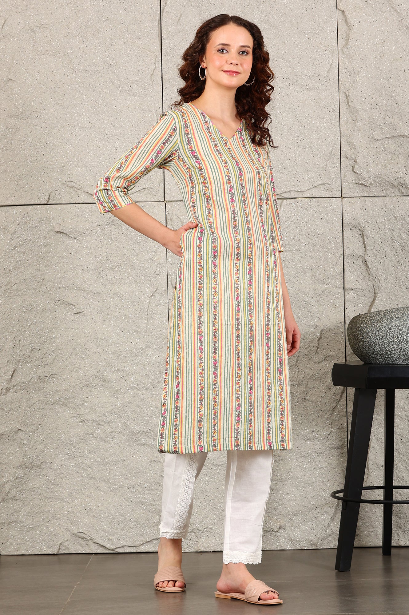 Off White Floral Printed And Multi-Coloured Stripe Printed Cotton Blend Kurta