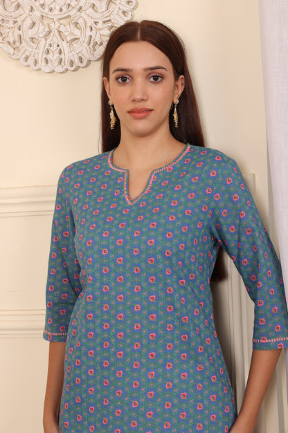 Blue Geometric Printed Pure Cotton Straight Kurta - wforwoman