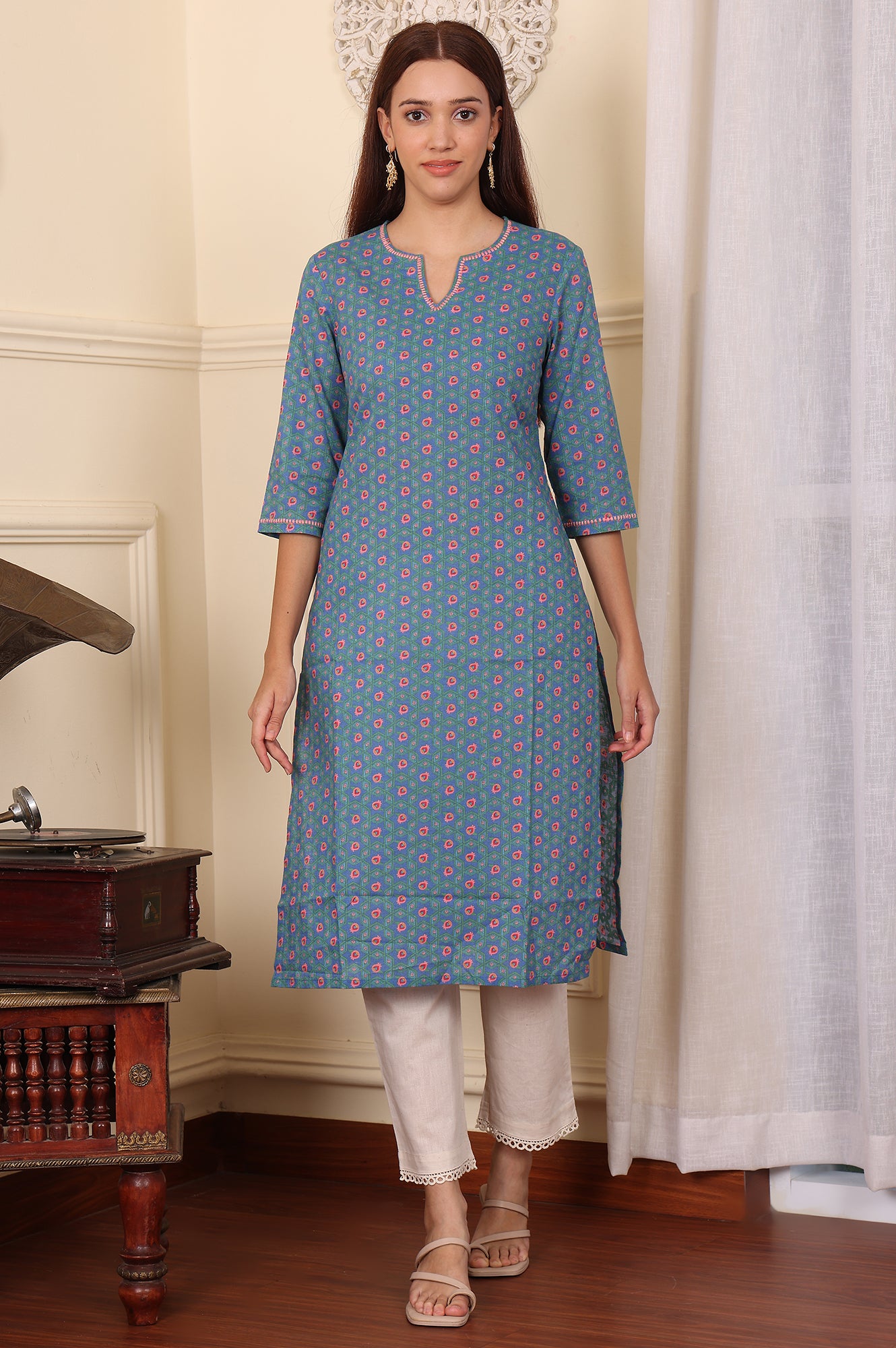 Blue Geometric Printed Pure Cotton Straight Kurta - wforwoman