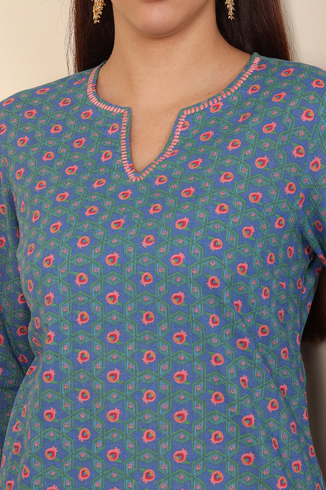 Blue Geometric Printed Pure Cotton Straight Kurta - wforwoman