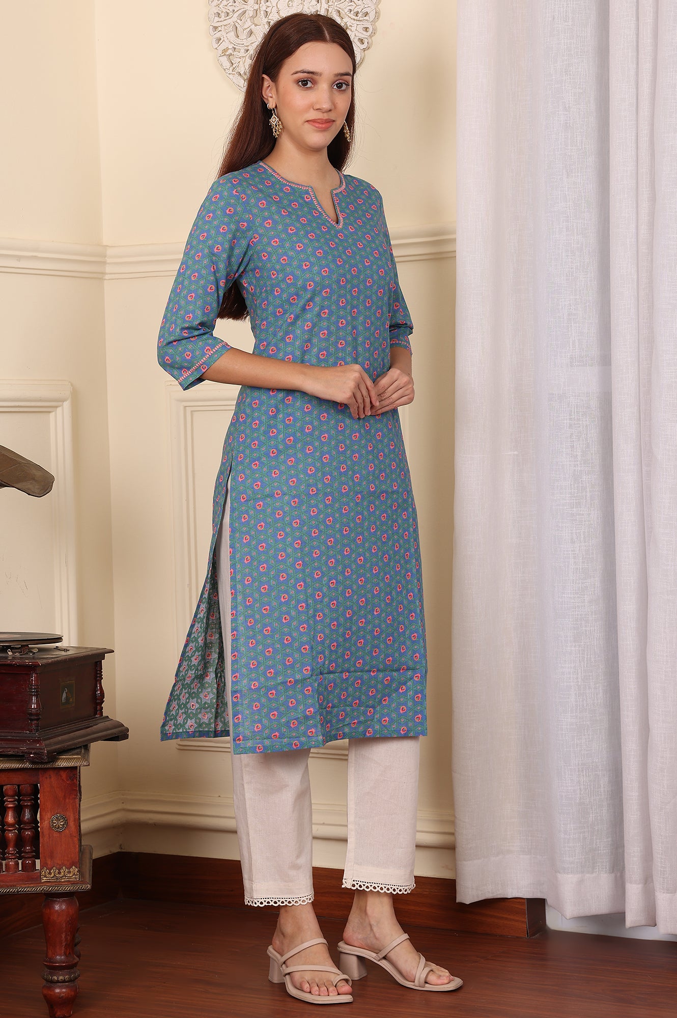 Blue Geometric Printed Pure Cotton Straight Kurta - wforwoman