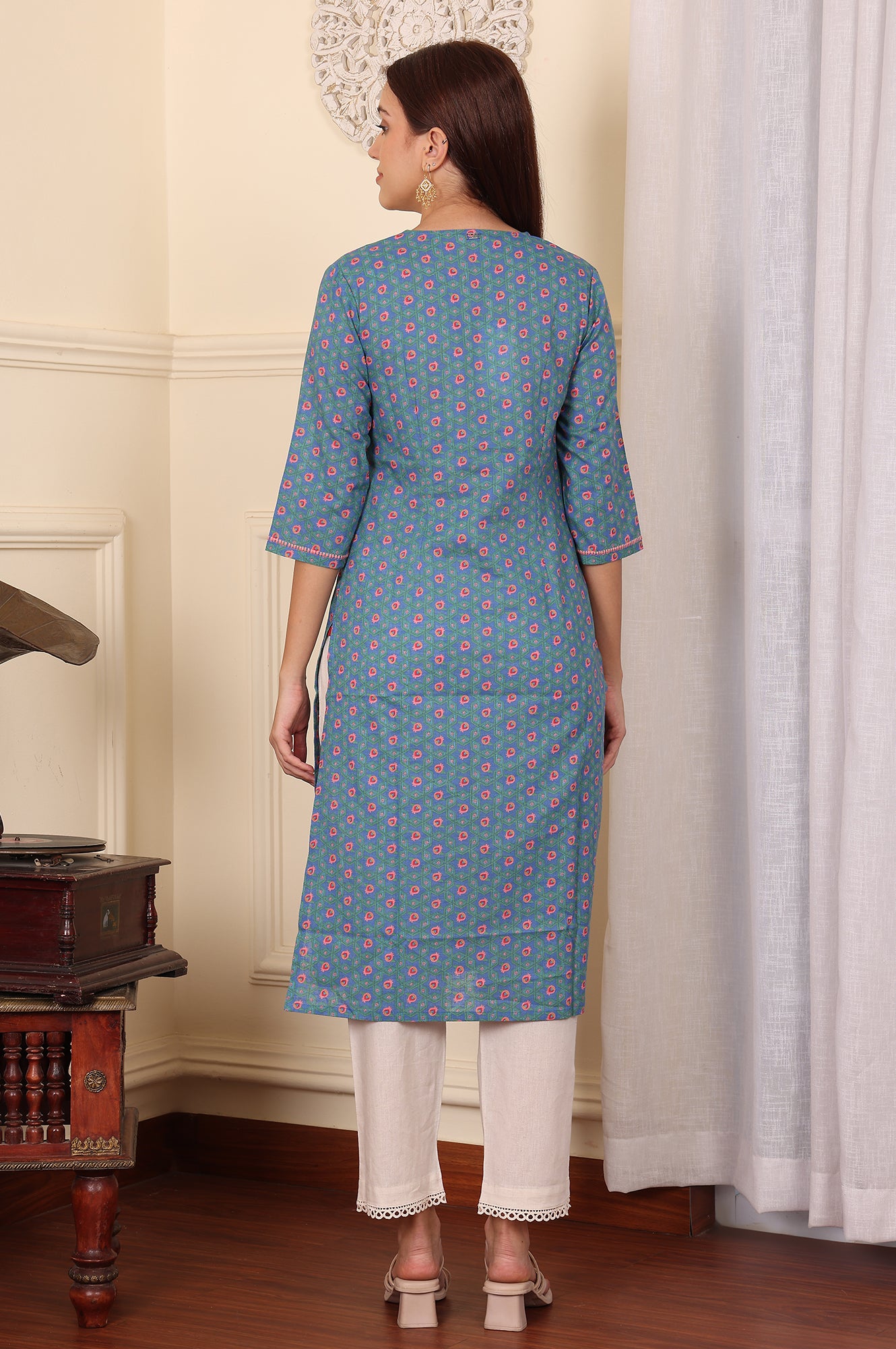 Blue Geometric Printed Pure Cotton Straight Kurta - wforwoman